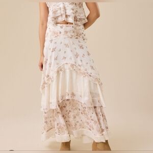 Altar'd State Skirt NWT Size M Brown Cream Floral Midi Maxi Ruffle Tier Dreamy
